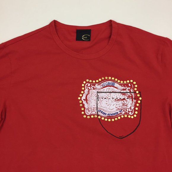 JUST ROBERTO CAVALLI Short Sleeve Red Gold Studded Multi Color Print Tee Shirt - Picture 3 of 9